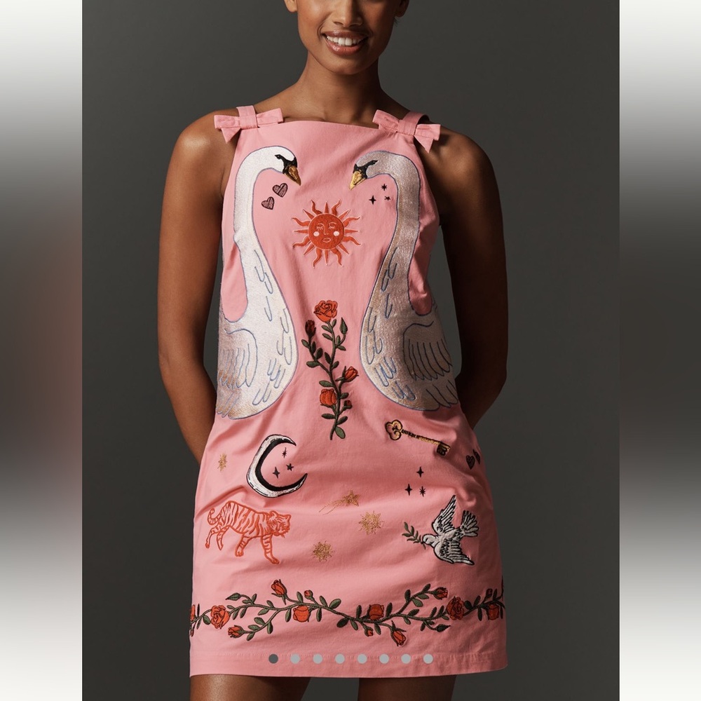 🦢Anthropologie Embroidered Mini Shift Dress Sleeveless New Novelty Pink Swan XSP